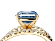 Solitaire Engagement Ring Setting for Fancy Blue Asscher Cut Center with Woven 3-Strand Pave Band and Prong Head in Yellow Gold
