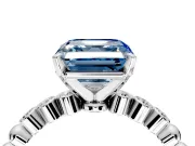 Solitaire Engagement Ring Setting for Fancy Blue Asscher Cut Center with Bezel-Dot Beaded Band and Prong Head in Platinum