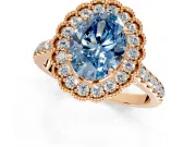 Milgrain Floral Halo Engagement Ring Setting for Fancy Blue Oval Center with Pave Band and Prong Head in Rose Gold