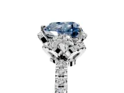 Halo Engagement Ring Setting for Fancy Blue Heart-Shaped Center with Openwork Halo, Pave Band and Prong Head in Platinum