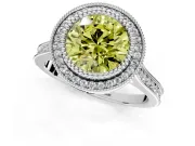 Halo Engagement Ring Setting for Fancy Yellow Round Cut Center with Milgrain Frame, Pave Band and Prong Head in White Gold