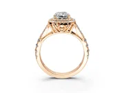 Double Halo Engagement Ring Setting for Radiant Cut Center with Narrow Pave Split Shank and Prong Head in Rose Gold