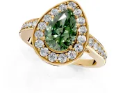 Bezel-Framed Halo Engagement Ring Setting for Fancy Green Pear-Shaped Center with Pave Band and Prong Head in Yellow Gold