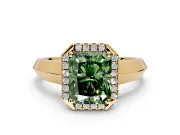 Halo Engagement Ring Setting for Fancy Green Radiant Cut Center with Knife Ridge Cathedral Band and Prong Head in Yellow Gold