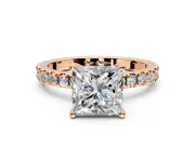 Solitaire Engagement Ring Setting for Princess Cut Center with Fine Pave Band and Claw Prong Head in Rose Gold