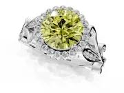 Halo Engagement Ring Setting for Fancy Yellow Round Cut Center with Leaf Motif Split Shank and Prong Head in Platinum