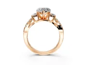 3 Stone Engagement Ring Setting for Heart-Shaped Center with Pave Split Shank and Prong Head in Rose Gold