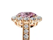Halo Engagement Ring Setting for Fancy Pink Oval Center with Milgrain Channel Band and Prong Head in Rose Gold