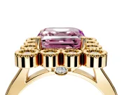 Cluster Halo Engagement Ring Setting for Fancy Pink Asscher Cut Center with Milgrain Bezel Accents and Prong Head in Yellow Gold