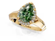 Halo Engagement Ring Setting for Fancy Green Pear-Shaped Center with Knife Ridge Cathedral Band and Prong Head in Yellow Gold
