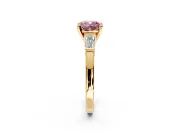 3 Stone Engagement Ring Setting for Fancy Pink Cushion Cut Center with Channel Baguette Accents and Prong Head in Yellow Gold