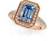 Milgrain Halo Engagement Ring Setting for Fancy Blue Emerald Cut Center with Three-Sided Pave Band and Prong Head in Rose Gold