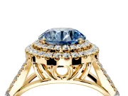 Double Halo Engagement Ring Setting for Fancy Blue Round Cut Center with Narrow Pave Split Shank and Prong Head in Yellow Gold