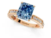 Solitaire Engagement Ring Setting for Fancy Blue Radiant Cut Center with Milgrain-Edged Pave Band and Prong Head in Rose Gold