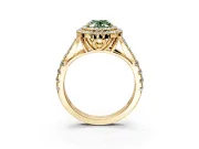 Double Halo Engagement Ring Setting for Fancy Green Oval Center with Narrow Pave Split Shank and Prong Head in Yellow Gold