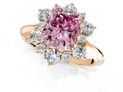 Small-Accent Cluster Halo Engagement Ring Setting for Fancy Pink Radiant Cut Center with Plain Band and Prong Head in Rose Gold