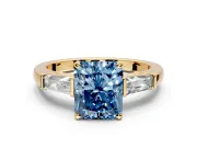 3 Stone Engagement Ring Setting for Fancy Blue Radiant Cut Center with Tapered Baguettes, Plain Band and Prong Head in Yellow Gold