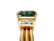 Solitaire Engagement Ring Setting for Fancy Green Emerald Cut Center with Grooved Bar Accent Band and Prong Head in Yellow Gold