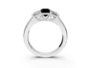 3 Stone Engagement Ring Setting for Fancy Black Emerald Cut Center with Raised Basket Heads and Prong Head in Sterling Silver