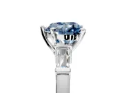 3 Stone Engagement Ring Setting for Fancy Blue Heart-Shaped Center with Channel Baguette Accents and Prong Head in Platinum