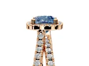 Halo Engagement Ring Setting for Fancy Blue Cushion Cut Center with Double Pave Split Shank and Prong Head in Rose Gold