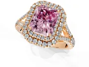 Double Halo Engagement Ring Setting for Fancy Pink Radiant Cut Center with Narrow Pave Split Shank and Prong Head in Rose Gold