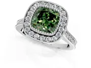 Halo Engagement Ring Setting for Fancy Green Cushion Cut Center with Milgrain Frame, Pave Band and Prong Head in Sterling Silver