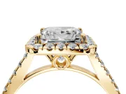 Halo Engagement Ring Setting for Princess Cut Center with Raised Halo, Pave Band and Prong Head in Yellow Gold