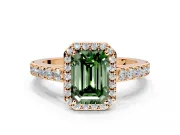 Halo Engagement Ring Setting for Fancy Green Emerald Cut Center with Full Pave Band and Prong Head in Rose Gold