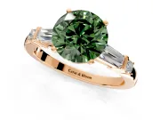 Bar-Set Engagement Ring Setting for Fancy Green Round Cut Center with Tapered Baguette Accents and Prong Head in Rose Gold