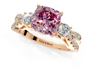 3 Stone Engagement Ring Setting for Fancy Pink Cushion Cut Center with Pave Split Shank and Prong Head in Rose Gold