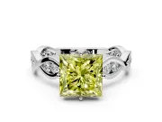 Solitaire Engagement Ring Setting for Fancy Yellow Princess Cut Center with Accented Twist Band and Leaf Prong Head in Platinum