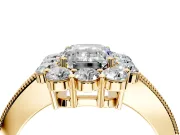 Halo Engagement Ring Setting for Emerald Cut Center with Milgrain Channel Band and Prong Head in Yellow Gold