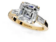 3 Stone Engagement Ring Setting for Asscher Cut Center with Baguette Accents and Prong Head in Yellow Gold