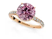 Hidden Halo Engagement Ring Setting for Fancy Pink Round Cut Center with Pave Band and Prong Head in Rose Gold
