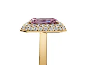 Halo Engagement Ring Setting for Fancy Pink Emerald Cut Center with Plain Tapered Band and Prong Head in Yellow Gold