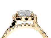 Halo Engagement Ring Setting for Cushion Cut Center with Double Pave Split Shank and Prong Head in Yellow Gold