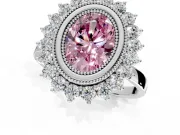 Halo Engagement Ring Setting for Fancy Pink Oval Center with Milgrain Bezel Rim, Plain Band and Prong Head in Platinum