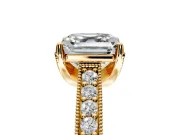 Solitaire Engagement Ring Setting for Asscher Cut Center with Milgrain-Framed Pave Band and Prong Head in Yellow Gold