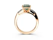 3 Stone Engagement Ring Setting for Fancy Green Princess Cut Center with Tapered Baguettes, Plain Band and Prong Head in Rose Gold