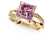 Solitaire Engagement Ring Setting for Fancy Pink Princess Cut Center with Pave and Plain Crossover Band and Prong Head in Yellow Gold