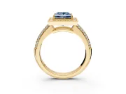 Milgrain Halo Engagement Ring Setting for Fancy Blue Princess Cut Center with Three-Sided Pave Band and Prong Head in Yellow Gold