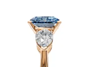 3 Stone Engagement Ring Setting for Fancy Blue Radiant Cut Center with Large Pear-Shaped Accents and Prong Head in Rose Gold