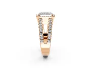 Halo Engagement Ring Setting for Radiant Cut Center with Wide-Open Pave Split Shank and Prong Head in Rose Gold