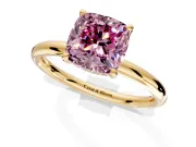 Hidden Halo Engagement Ring Setting for Fancy Pink Cushion Cut Center with Thin Rounded Band and Prong Head in Yellow Gold