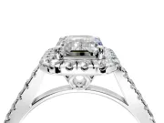 Halo Engagement Ring Setting for Emerald Cut Center with Raised Halo, Pave Band and Prong Head in Platinum