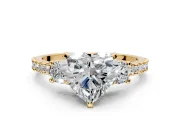 3 Stone Engagement Ring Setting for Heart-Shaped Center with Round Cut Side Accents and Prong Head in Yellow Gold