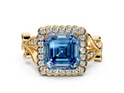 Halo Engagement Ring Setting for Fancy Blue Asscher Cut Center with Leaf Motif Split Shank and Prong Head in Yellow Gold