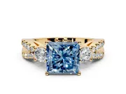 3 Stone Engagement Ring Setting for Fancy Blue Princess Cut Center with Pave Split Shank and Prong Head in Yellow Gold