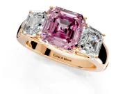 3 Stone Engagement Ring Setting for Fancy Pink Asscher Cut Center with Raised Basket Heads and Prong Head in Rose Gold